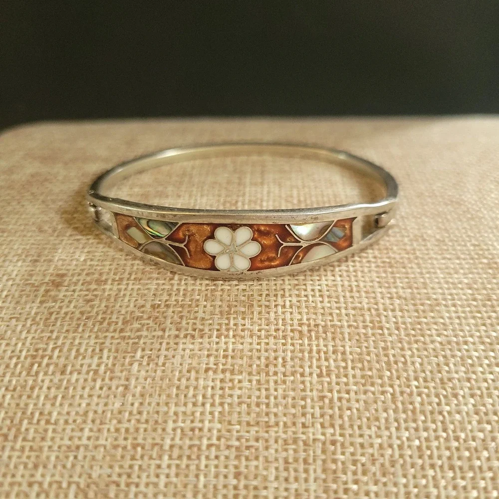 Vintage Alpaca Mexico Mother of Pearl Floral Enamel Bangle Bracelet  7